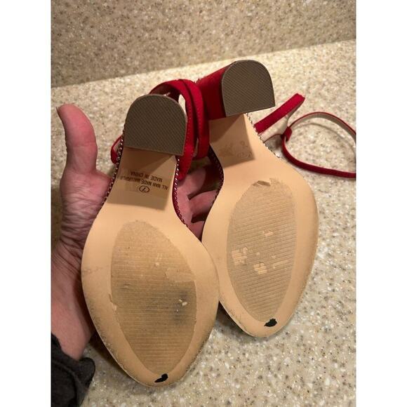 Liliana Red suede 4.5 inch heel clear toe strap gold accents Size 7 - Picture 6 of 10